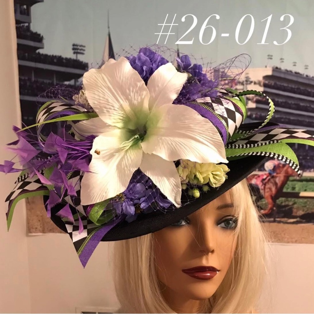 Black Wide-Brim Hat with White Lily & Purple Floral Accents by